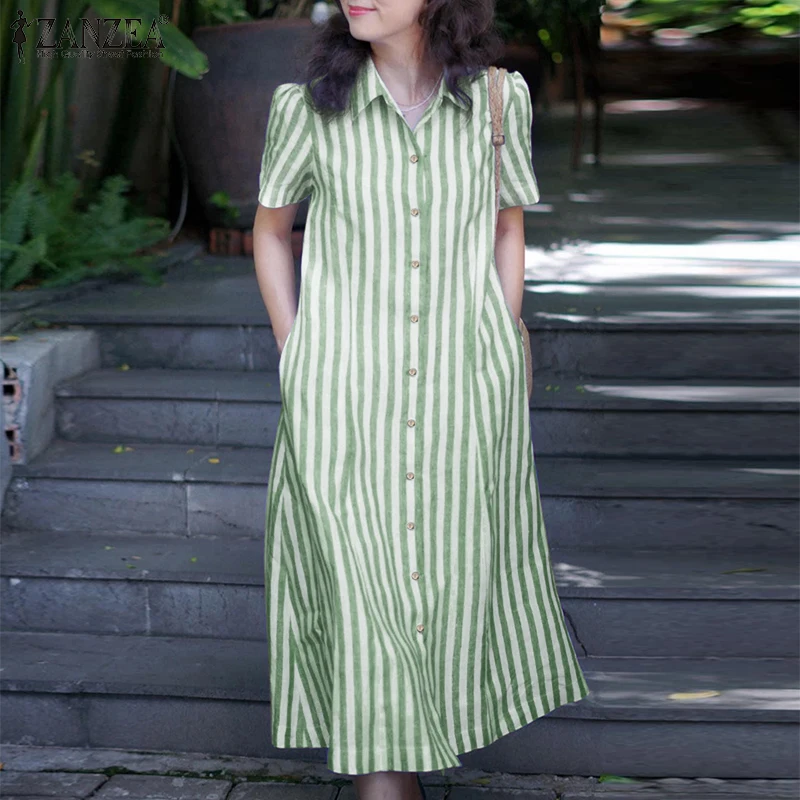 2026 ZANZEA Sommer Hemdkleid Mode Damen Reverskragen Kurzarm Gestreiftes Midikleid Urlaubskleid Elegantes Arbeitskleid Sommerkleid