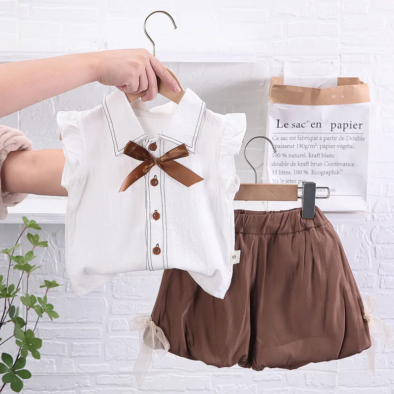 New Fresh Sleeveless Shirts and Shorts Summer New Arrival Baby Girl Lace Bow-tie Clothing Sets Fashion Toddler Outfits