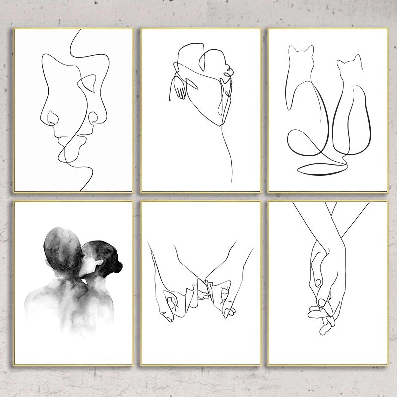 Romantic Black White Minimalist Abstract Couple Body Hugs Line Drawing Prints Poster Love Wall Art Canvas Painting Bedroom Decor