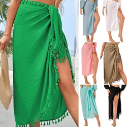 2023 Long Chiffon Tassels Beach Wear Women Swimsuit Cover Up Swimwear Bathing Suits Summer Maxi Dress Loose Solid Pareo Cover Up