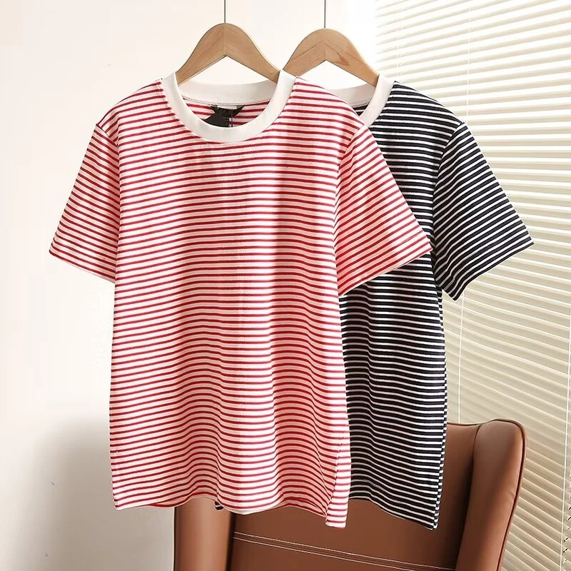 

Jenny&Dave Nordic Minimalist Round Neck Striped T-shirt Women Cotton Short Sleeved Casual Summer Tshirts Tops