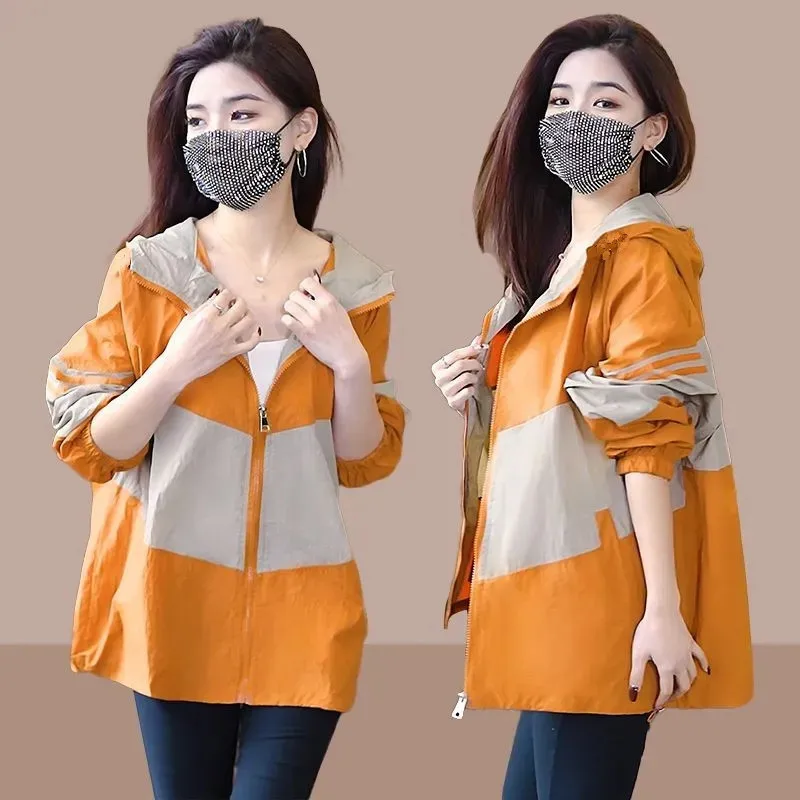Splicing Ice Silk Women's Sunscreen Short Coat 2026 Summer Female Loose Korean Jacket Hooded Sun-protective Clothing Overwear