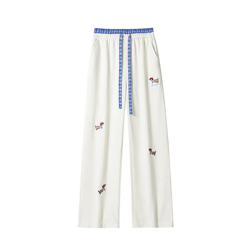 【Mirrordust】2025 Autumn Double Waistband Puppy Embroidery Long Pants American Street Style Casual Sweatpants M-5XL