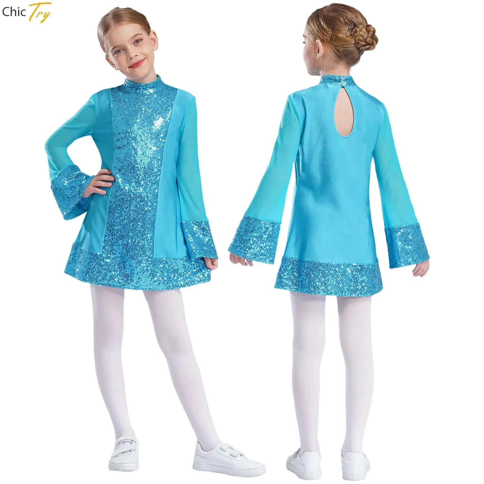 

Kids Girls Sequins Ballet Tutu Dress Sleeveless Flare Sleeve Tulle Gymnastics Leotard Dress Ballerina Dance Performance Costumes