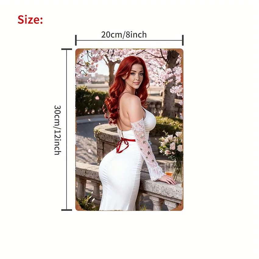 1pc Sign with Red-Haired Beauty and Cherry Blossom Background, Metal Wall Art, Pre-Drilled Holes for Easy Hanging - Durable Livi