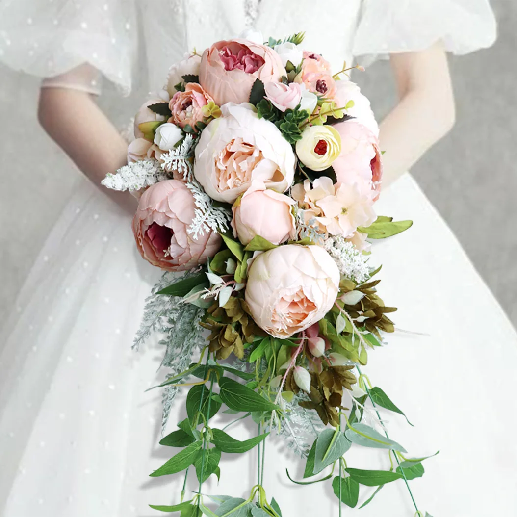 

Pink Peony Waterfall Bridal Bouquet Peony Rose Tear Drop Wedding Flowers Artificial Cascade Photography Holding Bride Flower