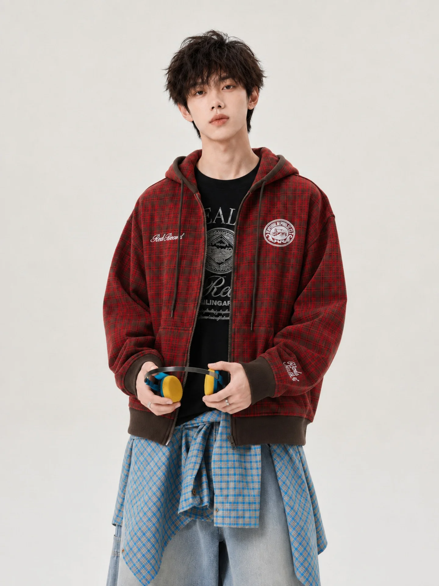 American Retro Plaid Hooded Open Cardigan Sweatshirt Men's Embroidered Badge Loose Zipper Jacket Street Trend Top
