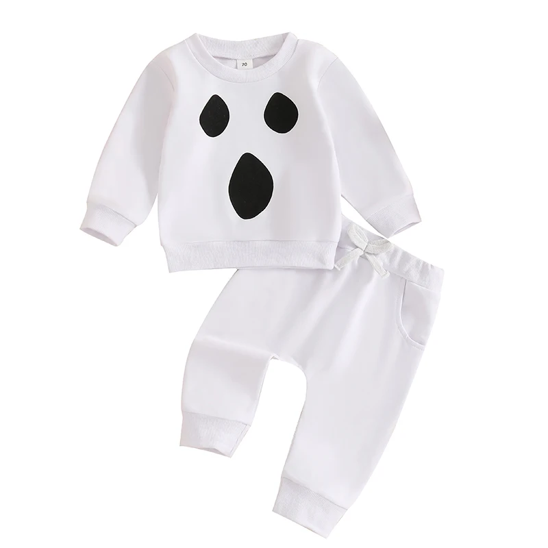 Toddler Boy Halloween Outfits Ghost Print Long Sleeve Sweatshirt with Solid Color Elastic Waist Pants 2Pcs Set