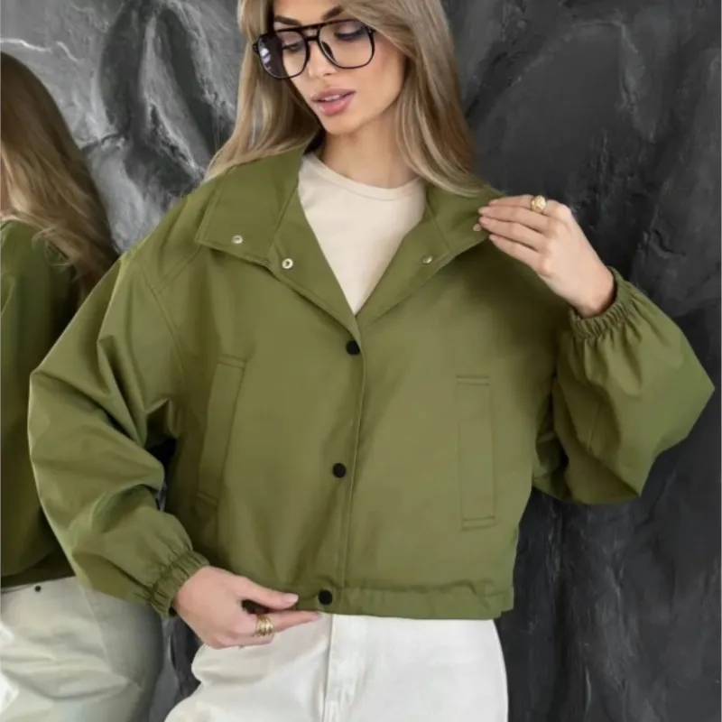 Women Solid Stand Collar Jacket Fashion Long Sleeve Button Pockets Short Coat Jackets 2026 Autumn New Casual Outdoor Outerwear