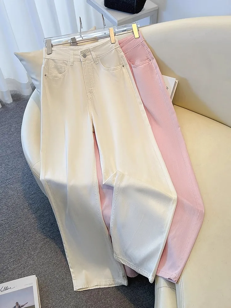 Pink Ice Silk Jeans Women's Summer Thin High Waist Slim Straight Leg Drop Feel Denim Trousers Casual Loose Wide Leg Pants