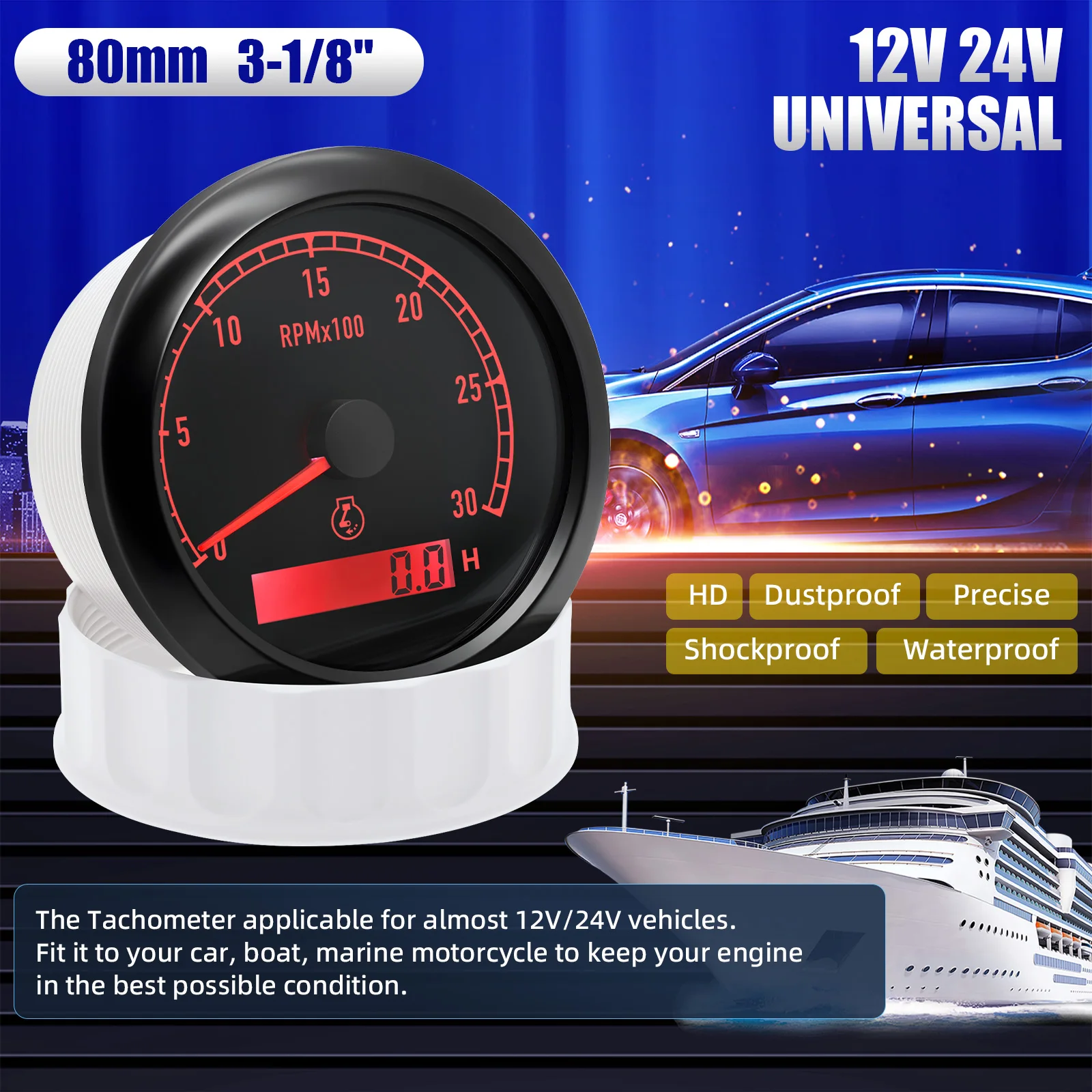 80mm 3-1/8" REV Counter Dual Display 7 Colors Backlight Tachometer With LCD Hourmeter 0~8000RPM For Yacht Engine Boat Car Gauge - view 4