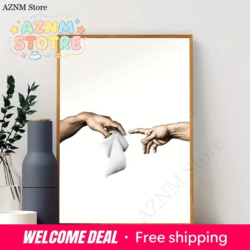 Adam's Creation Meets Toilet Paper Canvas Posters Print, Michelangelo Wall Art,Minimal,Toilet Decor,Modern Home Decoration
