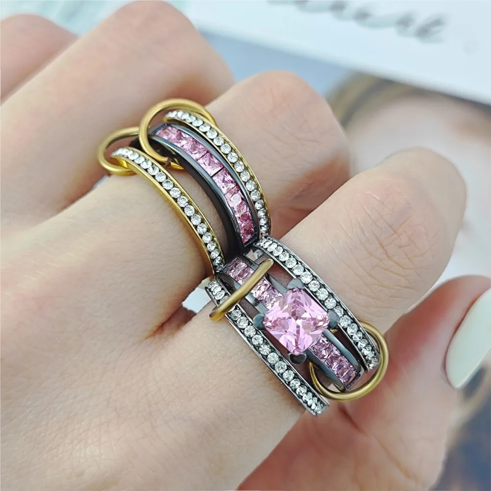 Double Color Three Rings Stack Set For Women Shiny Pink Zirconia Gold Color Spinelli Kilcollin Ring Fashion Finger Jewelry Gifts