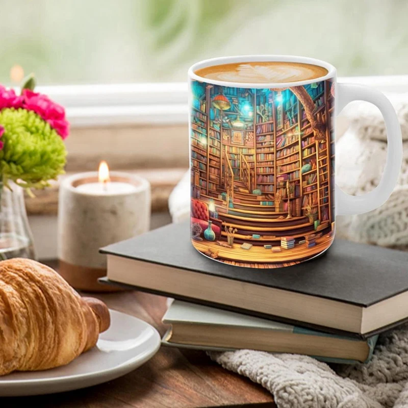 Bookshelf Mug 11Oz - A Library Shelf Cup, Library Bookshelf Mug, Book Lovers Coffee Mug, Creative Space Design