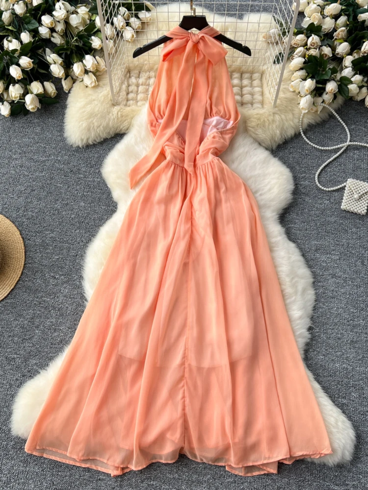 Abito lungo da spiaggia per le vacanze in Chiffon a trapezio con scollo a v profondo da donna Sexy senza maniche