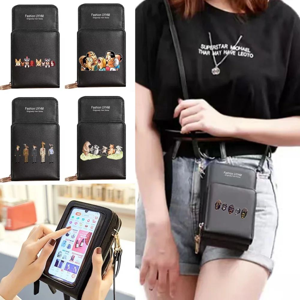 Mobile Phone Bag Touch Screen Universal For IPhone Xiaomi Huawei Cell Cover Case Leather Crossbody Shoulder Bags Cartoon Printed