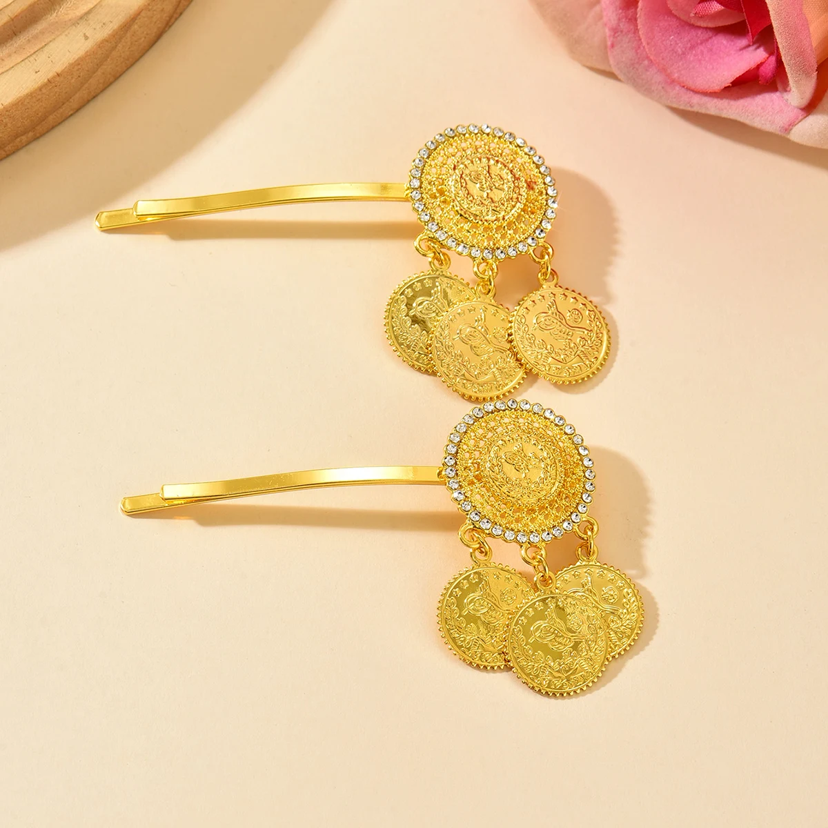 Shiny Golden Coin Hair Pins Rhinestone Inlaid Ethnic Design Hair Barrettes Cultural