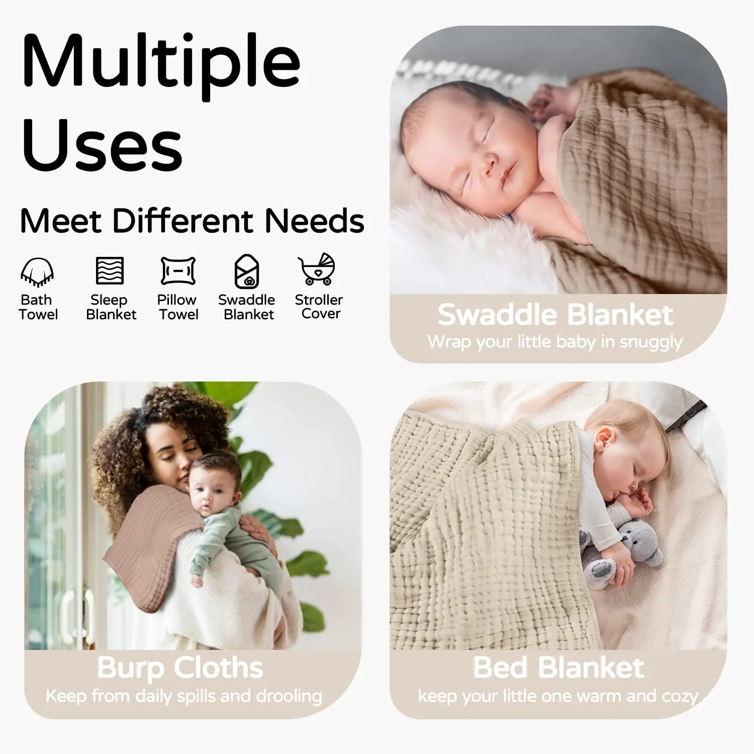 مناشف أطفال بغطاء للرأس من الموسلين، مصنوعة من القطن بنسبة 100%، مناشف حمام أطفال فائقة النعومة وماصة مع غطاء للرأس لحديثي الولادة والرضع