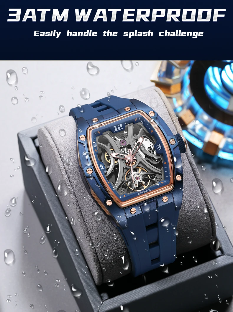 MEGIR Sport-Stil, automatische mechanische Uhr für Herren, voll hohl, transparentes Zifferblatt-Design, Edelstahlgehäuse, Silikonarmband – Detail 27