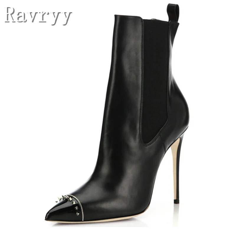 

Women's Rivets Embellished Cap Toe Ankle Boots Designer New Black Leather Stiletto Heel Slip On Chelsea Boots