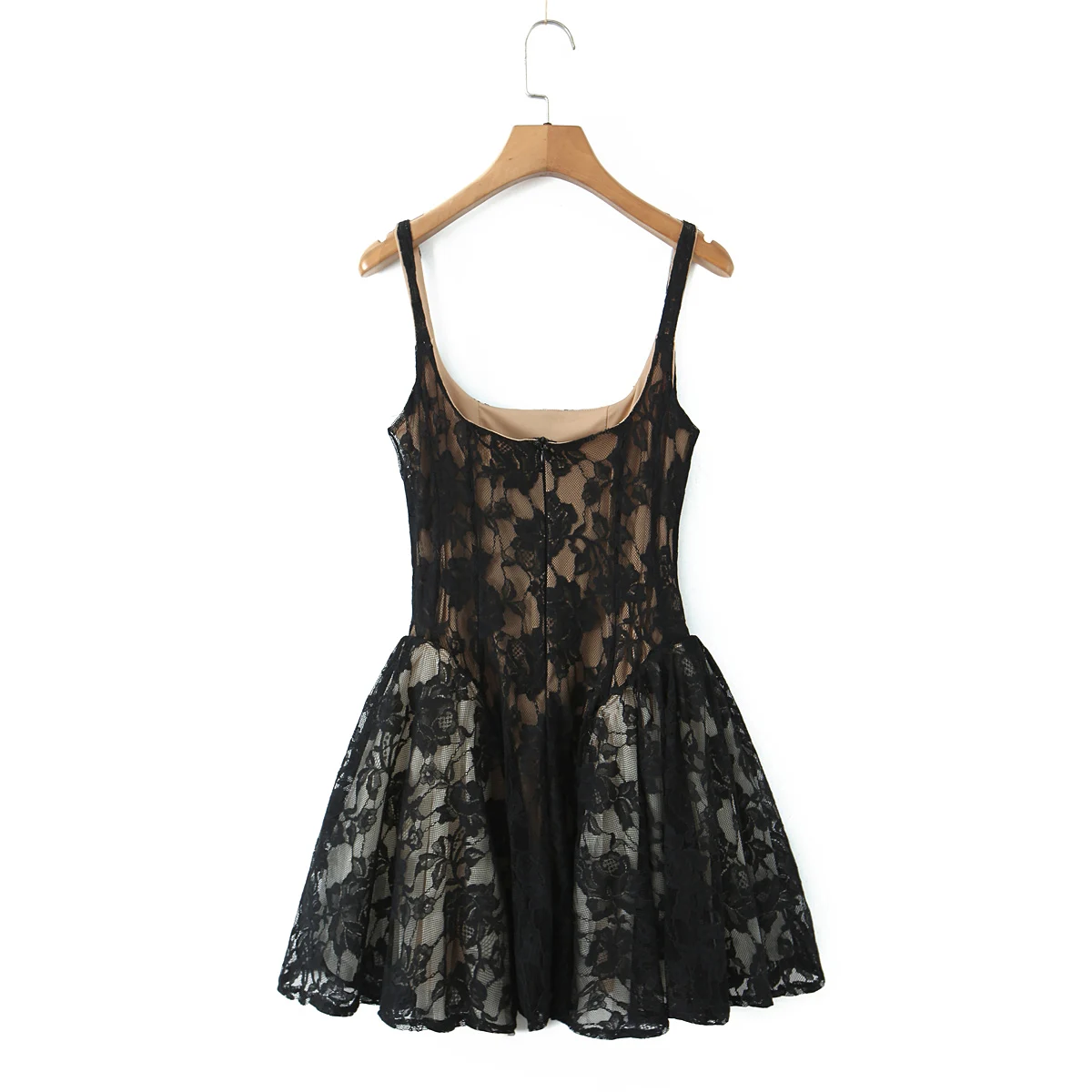 Sexy Beige Scava Fuori Maglia di Pizzo Sling Mini Abito da Donna Colletto a U Vita Bassa Increspato Altalena Abito di Sfera Abiti da Festa Abiti Robe