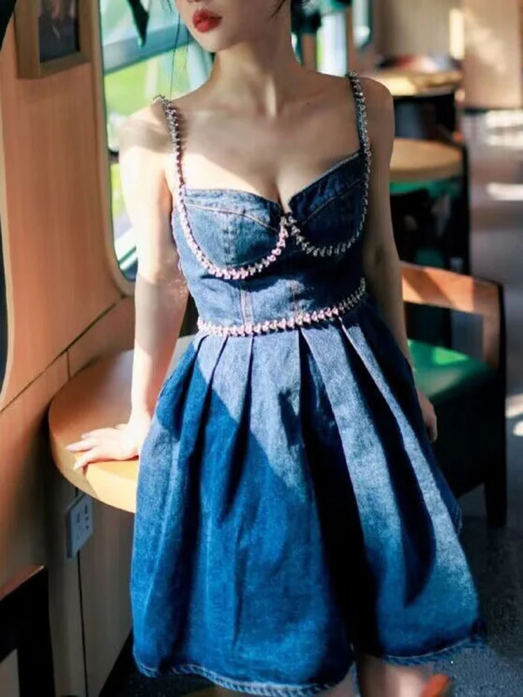 

Fashion Denim Mini Camisole Dresses Spring Women Sleeveless Big Swing Short Dress Summer High Waist A Line Pullover Strap Dress