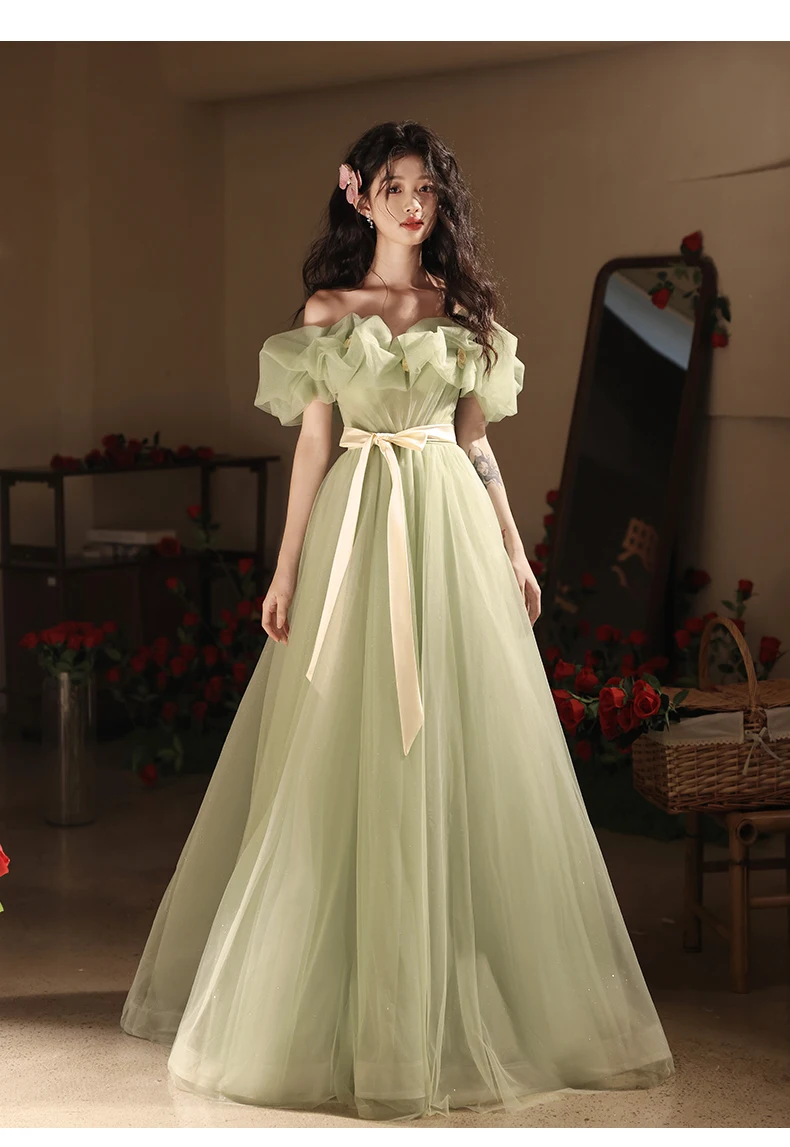 Robe de Soirée Verte à Épaule Dénudée, Tenue de Réunion Annuelle, pour Spectacle d'ret d'Art des Étudiants