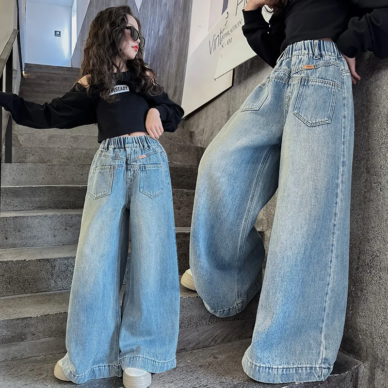 

Hip Hop Teenage Girls Clothes Sets Slim T-shirt Tops+Denim Wide Leg Pants Jazz Girl Dance Suits Spring Autumn 2024 New 6-16 Yrs