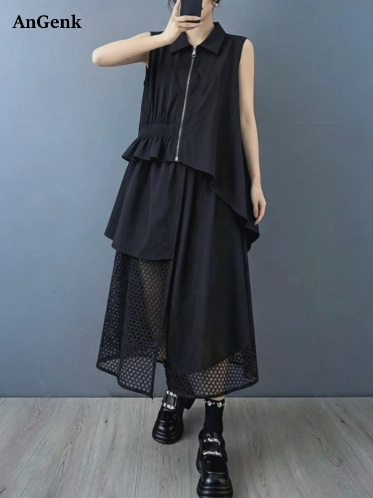 

2026 Summer New Mesh Patchwork Fashion Casual 2 Two Piece Set Sleeveless Blouse Loose Women Shirt Tops Clothing Skirt Suit