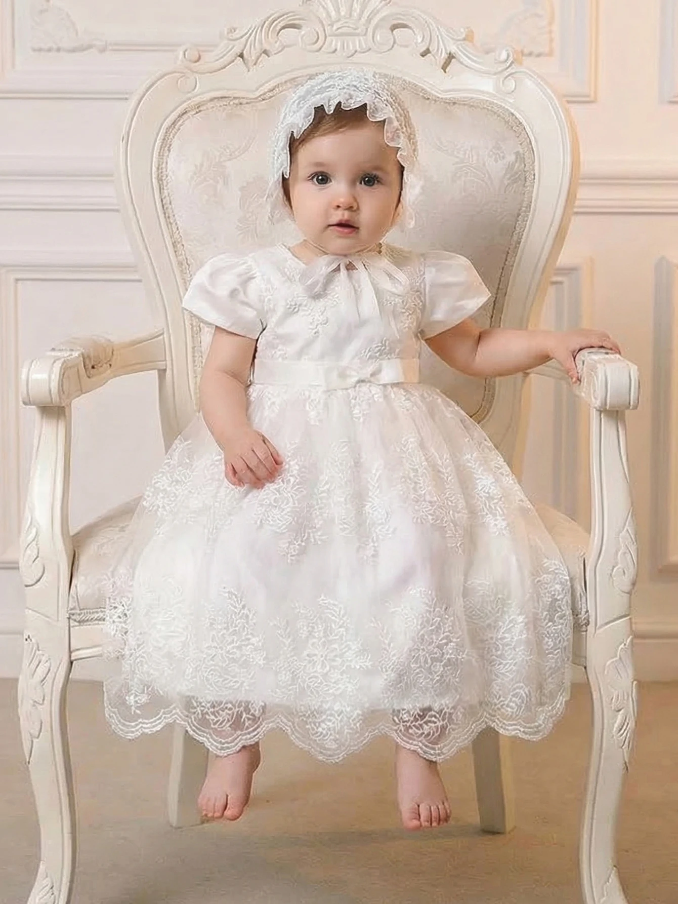 Baby Girl Princess Dress with Bow Decorations,Floral Embroidery Net Fabric,White Baptism Gown.Daily Wear,Party,Baptisms,Banquets