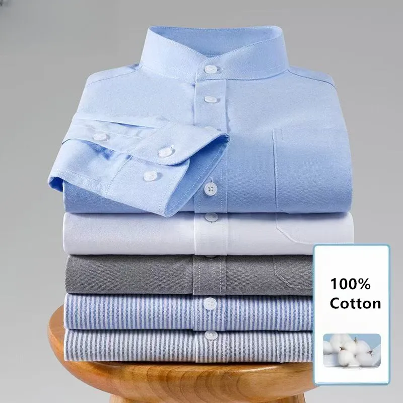 100 % Baumwolle Oxford Herrenhemden Langarm Basic Stehkragen Koreanischer Stil Smart Casual Regular Fit Solid Office Shirt 5XL