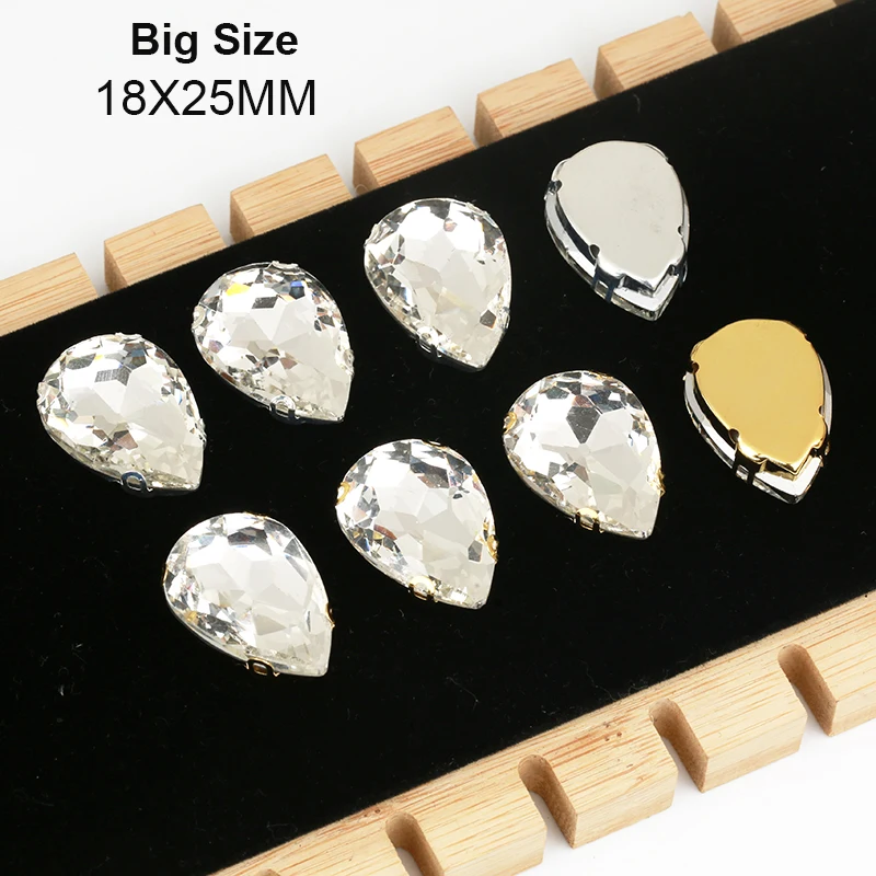 Big Size 18x25mm Teardrop Sew On Rhinestone Gold/Sliver Claw Set with Drop Stone Sewing Crystal Rhinestone for Garments Trims