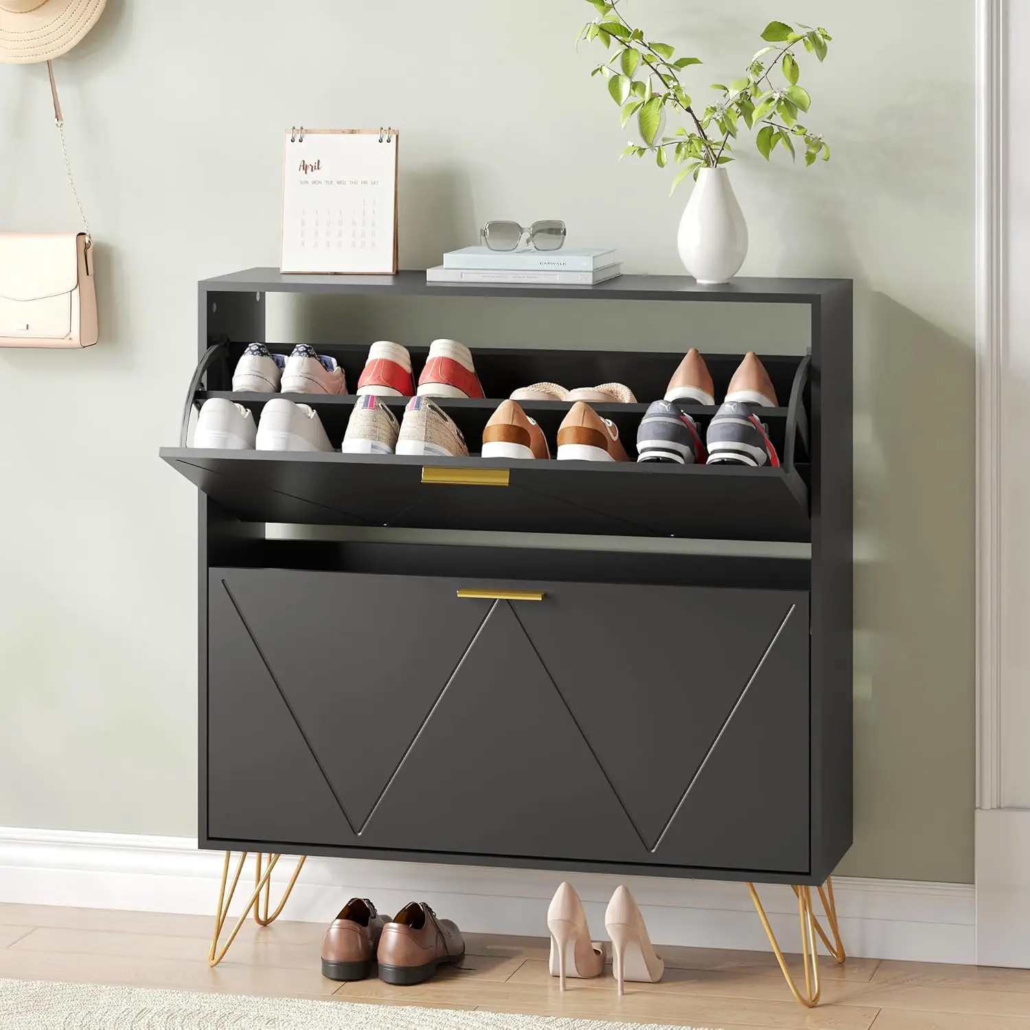 

Черный узкий шкаф для обуви с 2 откидными ящиками, скрытый, для прихожей, на 12 пар, отдельно стоящий, на металлических ножках, на заказ