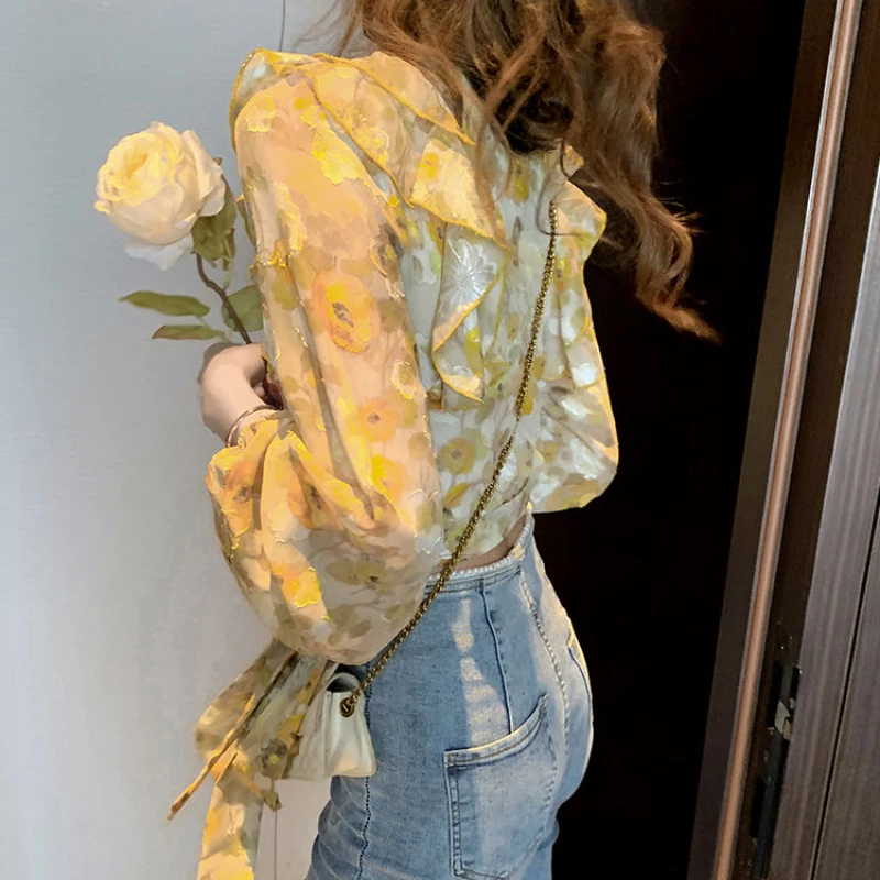 

Блузки женские элегантный цветочный ретро-дизайн с v-образным вырезом тонкий топ Ulzzang Blusas темпераментные оборки популярная повседневная повседневная осенняя одежда