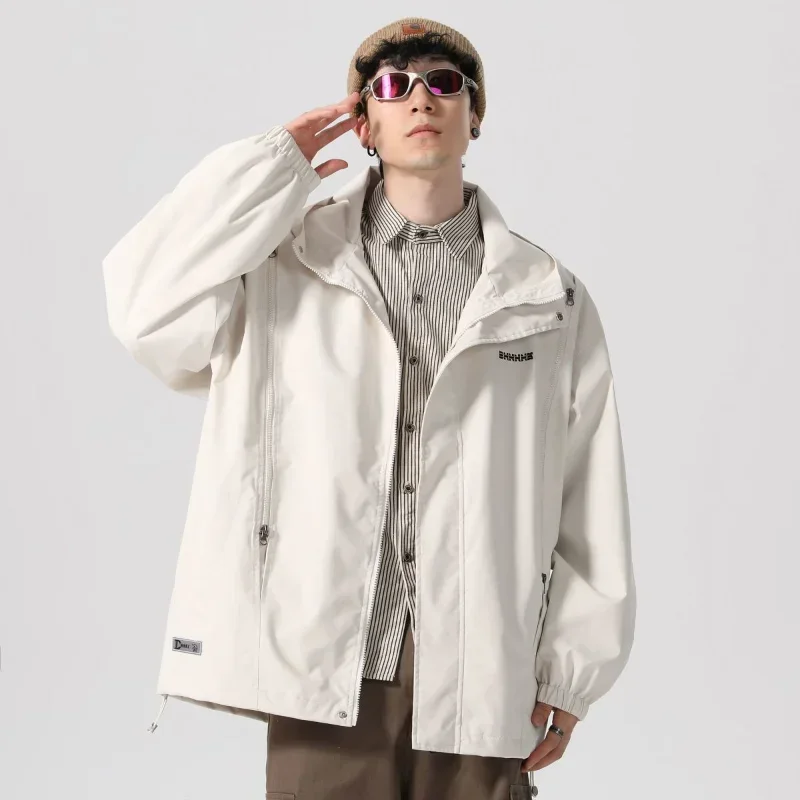 Letter Embroidered Windproof Multi-zip Loose Casual Hooded Jacket