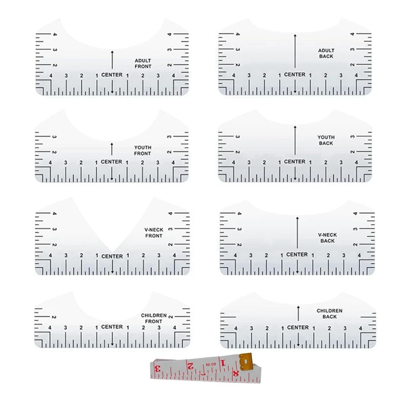 LUWEI 9Pcs Tshirt Ruler Guide To Center Vinyl, Transparent V-Neck/Round PVC Ruler For Alignment, Heat Press