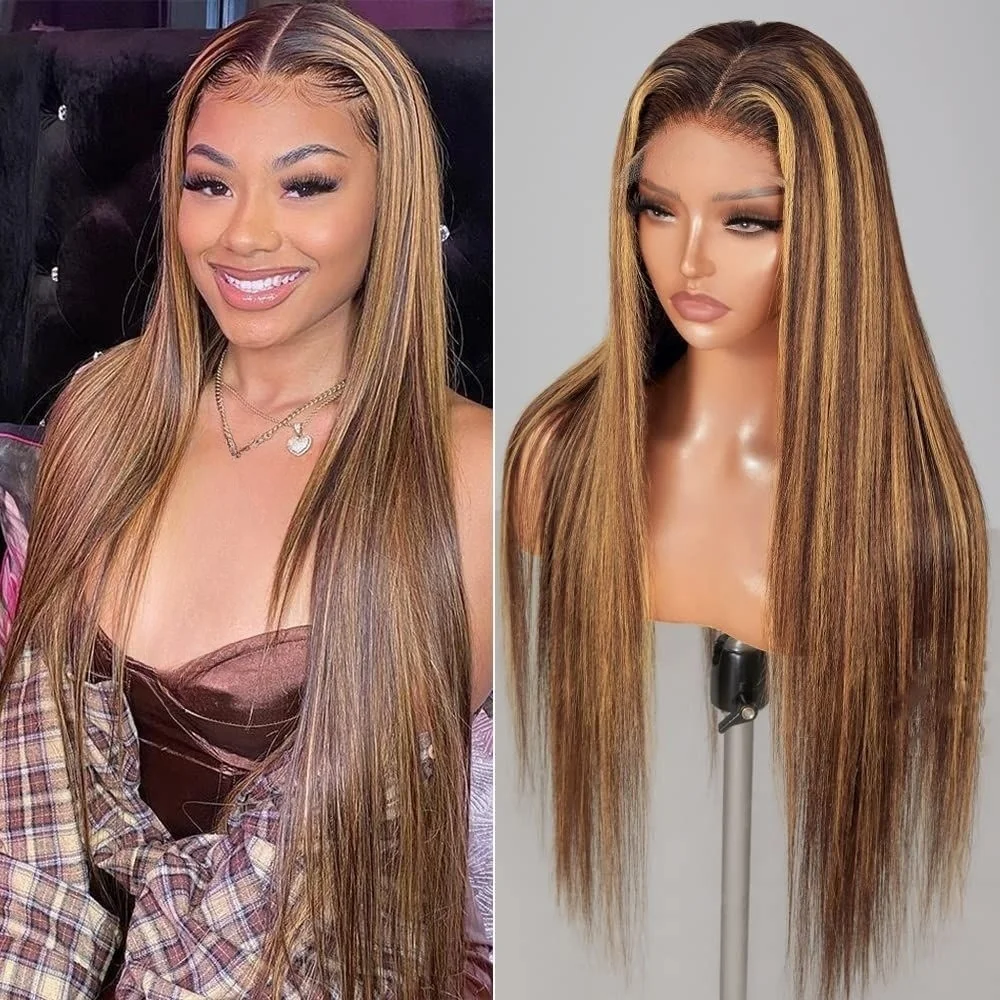 Longo highligt marrom 26 Polegada 180 densidade reta peruca dianteira do laço para mulheres com cabelo do bebê sintético sem cola perucas de uso diário