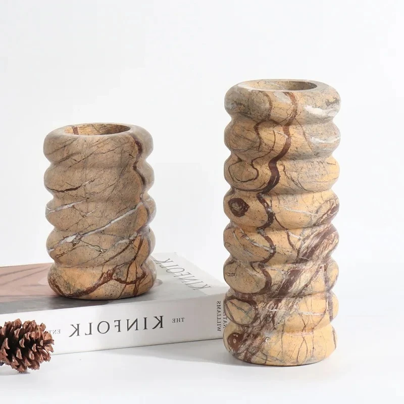 

Natural Marble Vase Brown - Minimalist Solid Stone Vase for Home & Office Decor, Desktop Centerpiece, Wabi-Sabi Style Decoration