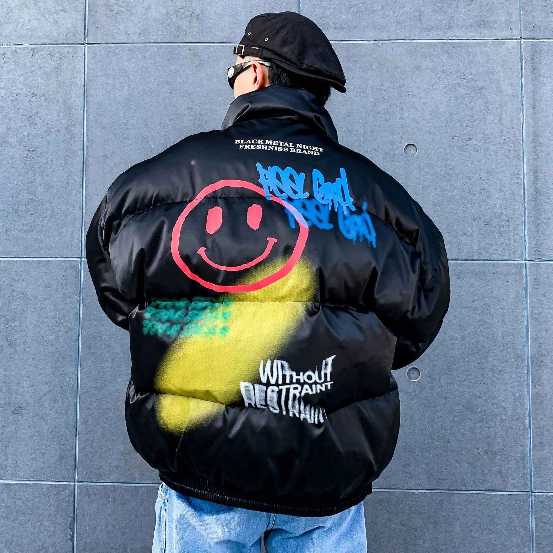 Dark Graffiti Cotton Clothes Men's Thickened Warm Street Hip Hop Couple Bread Jacket Loose Comfortable Versatile Printed Coat