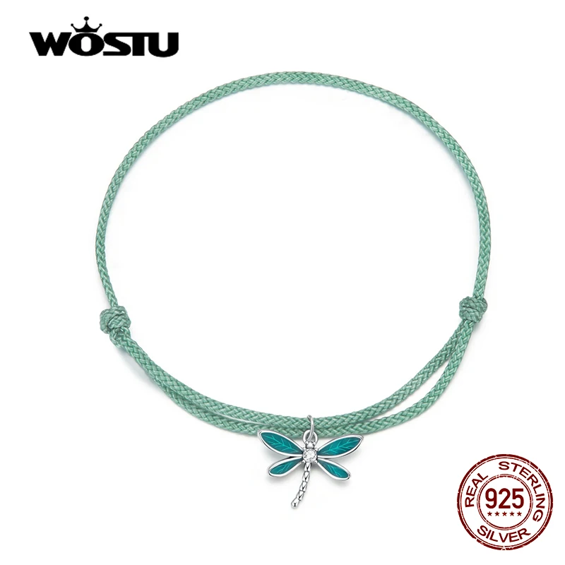 WOSTU Fashion Dragonfly Bracelet 925 Sterling Silver Delicate Green Dragonfly Pendants Bracelet for Women Fine All-match Jewelry