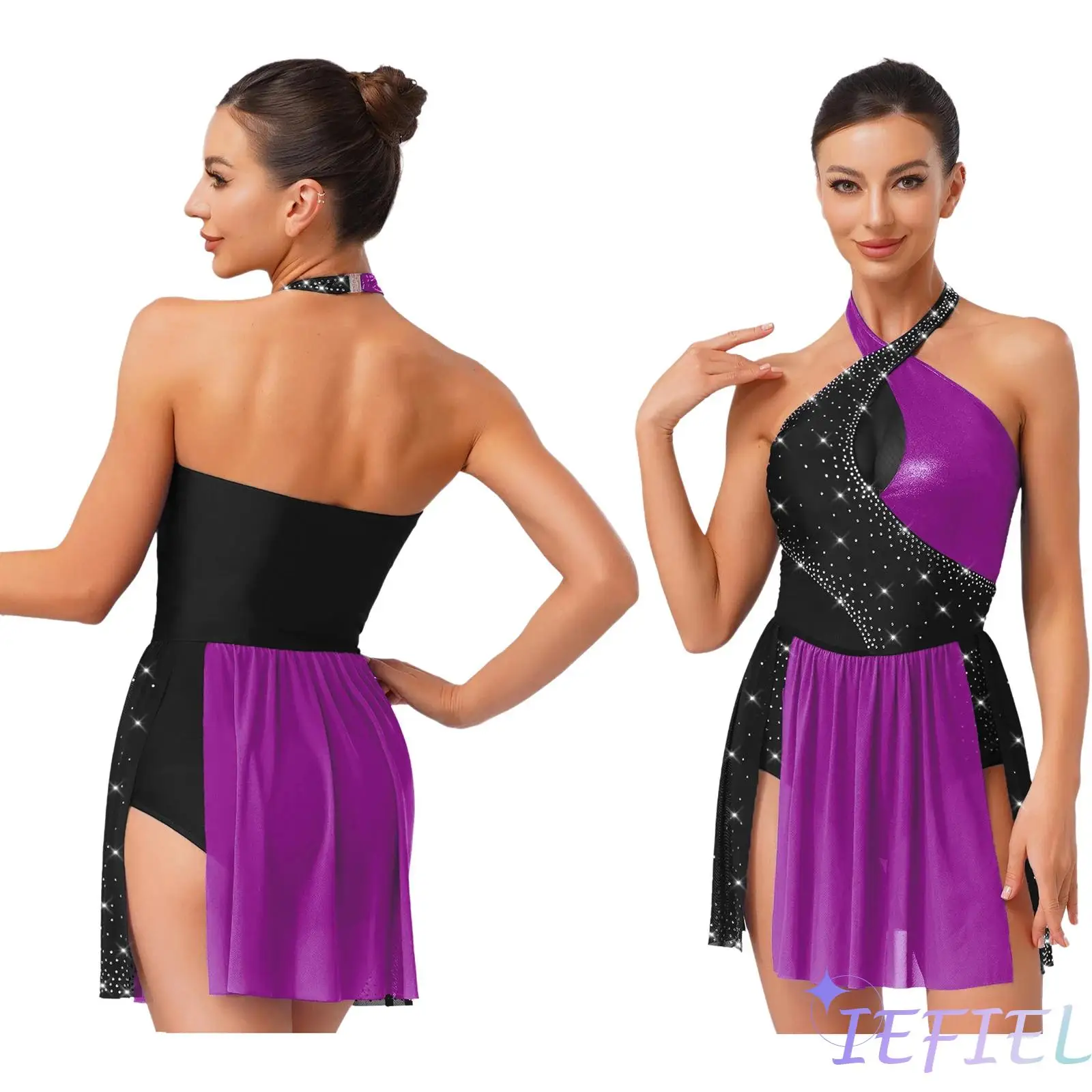 

Womens Figure Skating Dance Outfit Modern Latin Leotard Rhinestone Contrast Color Gymnastics Bodysuit Dress Ballet Dancewear