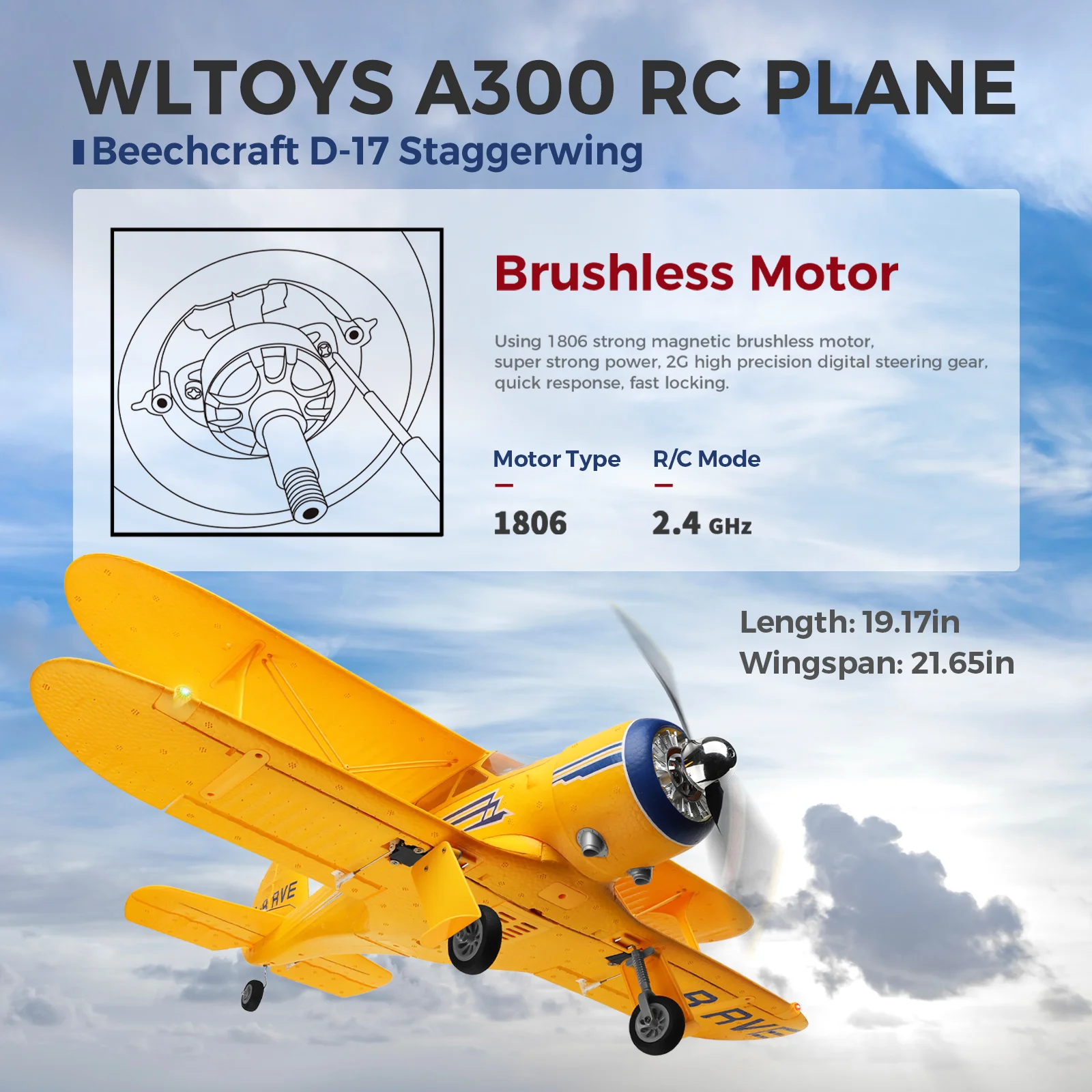 طائرة WLtoys A300 4-CH RC، طائرات Beechcraft D-17 RC مع أضواء، طائرات RC بدون فرش 6G/3D للبالغين، في الهواء الطلق والهدايا