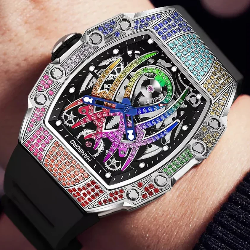 HANBORO Men Automatic Watch 50mm Tonneau Mechanical Wristwatch 50m Waterproof Skeleton Spider Crystal Dial & Bezel