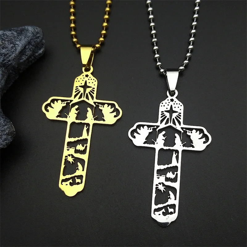 

Hollow Unique Catholic Cross Car Pendant for Men Women Stainless Steel Gold Color People Animals Prayer Baptism Jewelry Gifts