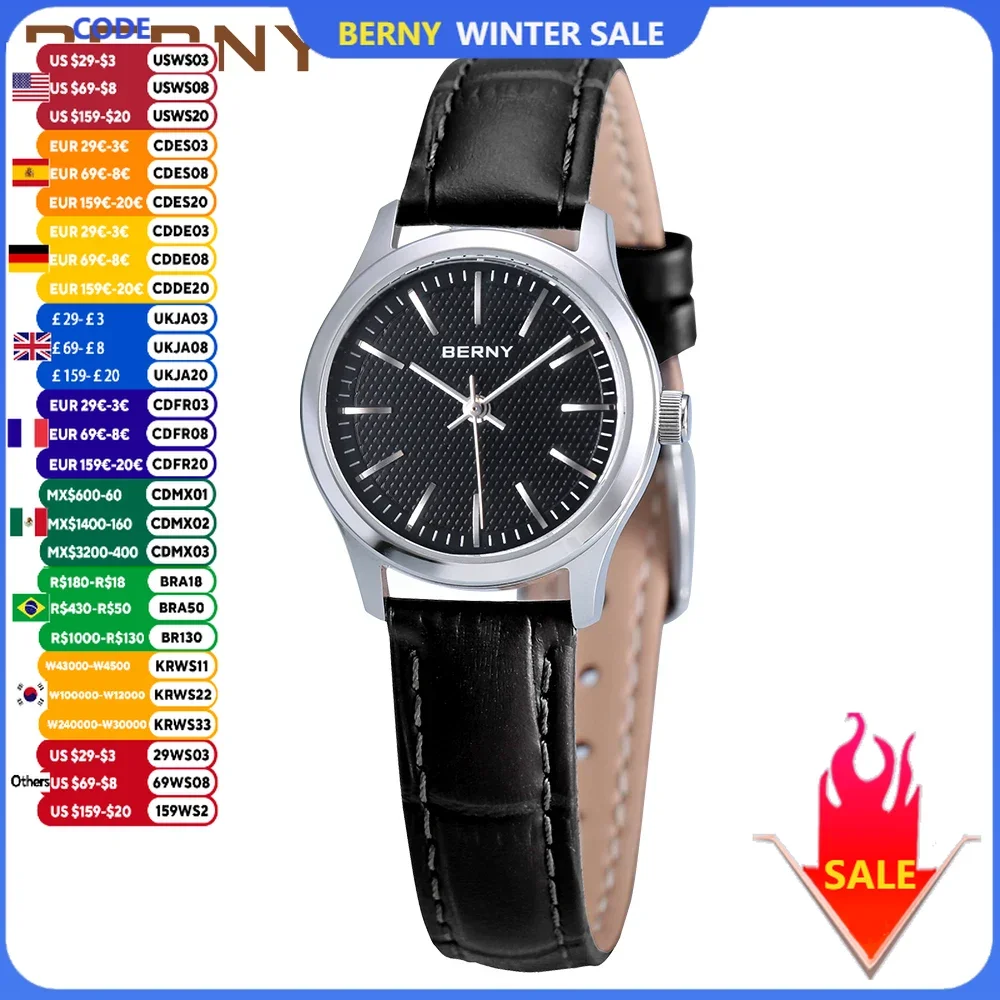 

BERNY Quartz Women Watch Classic Retro Minimalist Ladies Wristwatch Small Dial Leather Strap Clock Waterproof Women's Watches