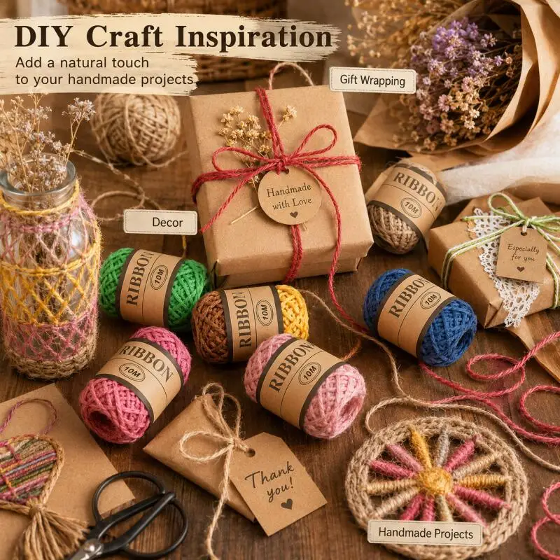 10m/Rolle Farbige Geflochtene Juteschnur für DIY-Bastelarbeiten, Hochzeitsdekoration, Geschenkverpackung im Rustikalen Stil – Detail 6