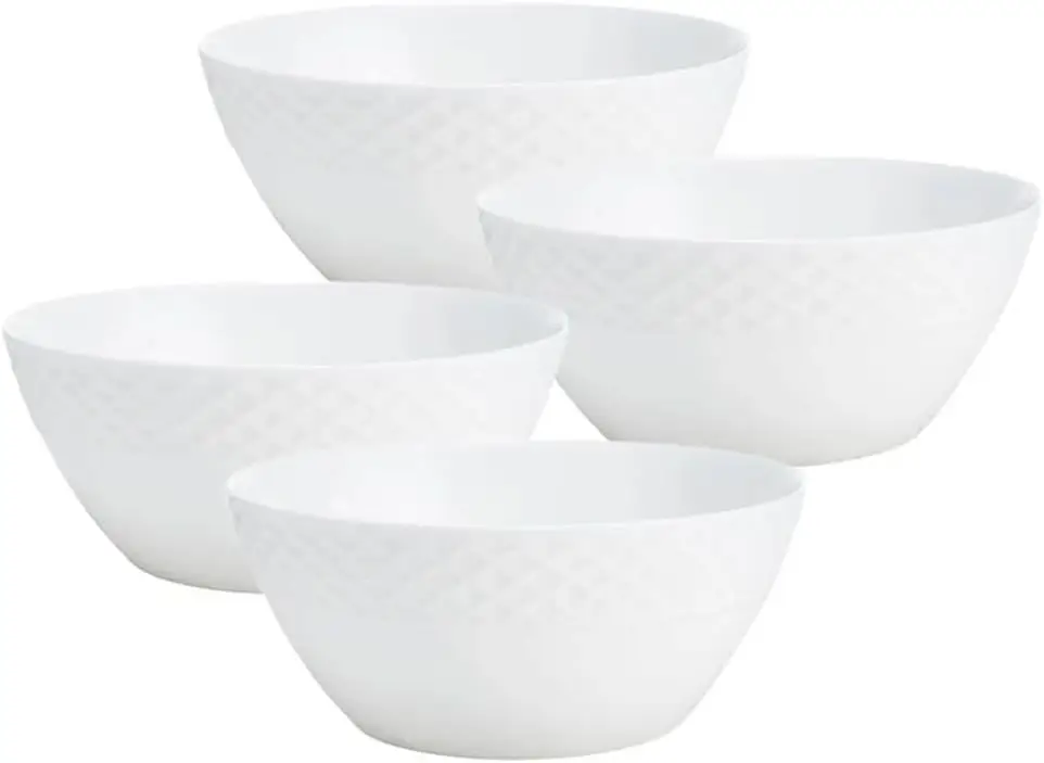 Trellis Bone China 16-Piece Dinnerware Set, Service for 4, White Lightweight Porcelain with Textured Design, Chip-Resistant and