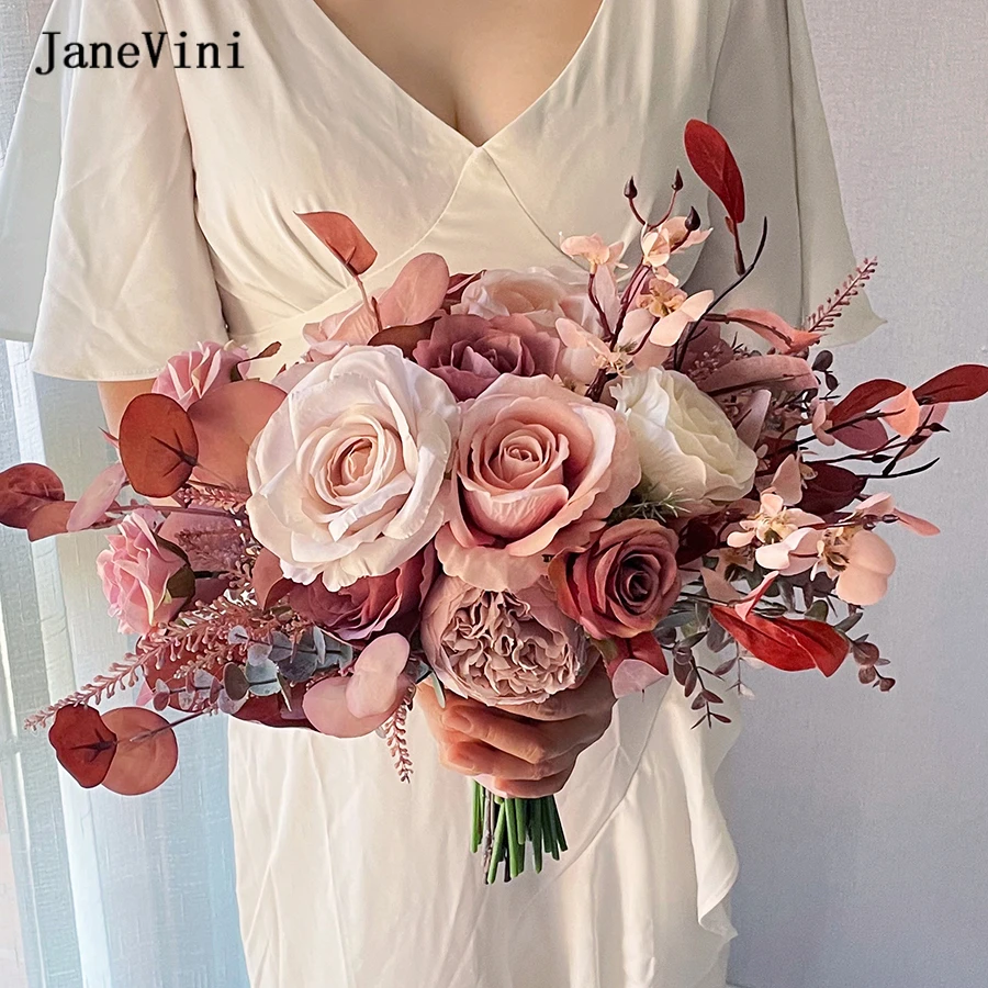 JaneVini Vintage Pink Bride Flower for Wedding European Bridal Bouquets Handmade Silk Roses Eucalyptus Fake Bouquet Accessories