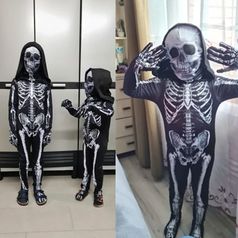 Kids Scary Grim Reaper Jumpsuit Black Hooded Costume Halloween Horror Skeleton Cosplay Boys Ghost Mardi Gras Party Dress Up