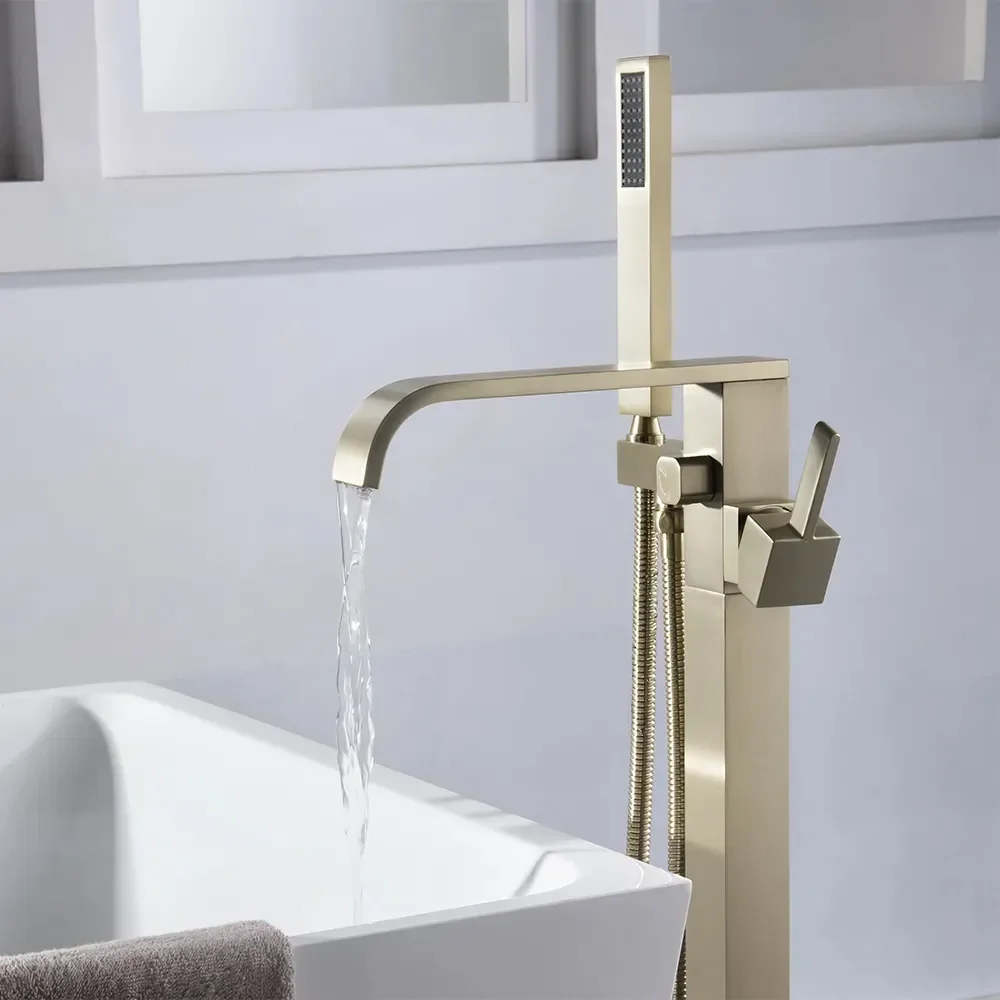 Floor Mounted Tub Filler Single Handle Freestanding Floor Standing Bathtub Faucet Handheld Shower